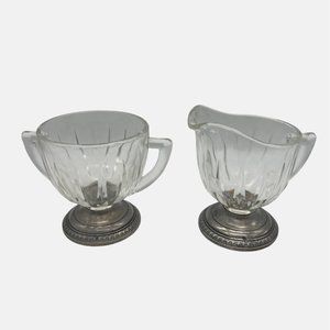 Vintage Saben Glass Creamer and Sugar Bowl Set with Silverplate Bases 3.5"